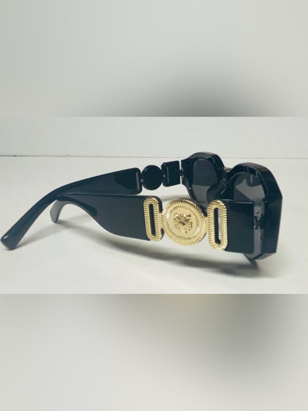 Versace Biggie Black Sunglasses - Gold Medusa Tiger Medallion - Y2K Chunky Squar